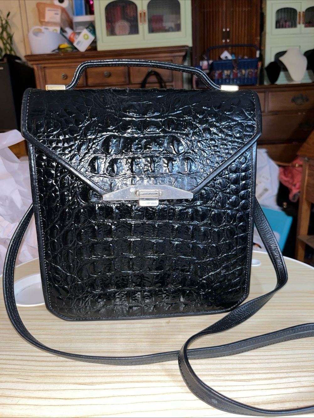 Black Croc-Embossed Faux Leather Top-Handle Crossbody Bag